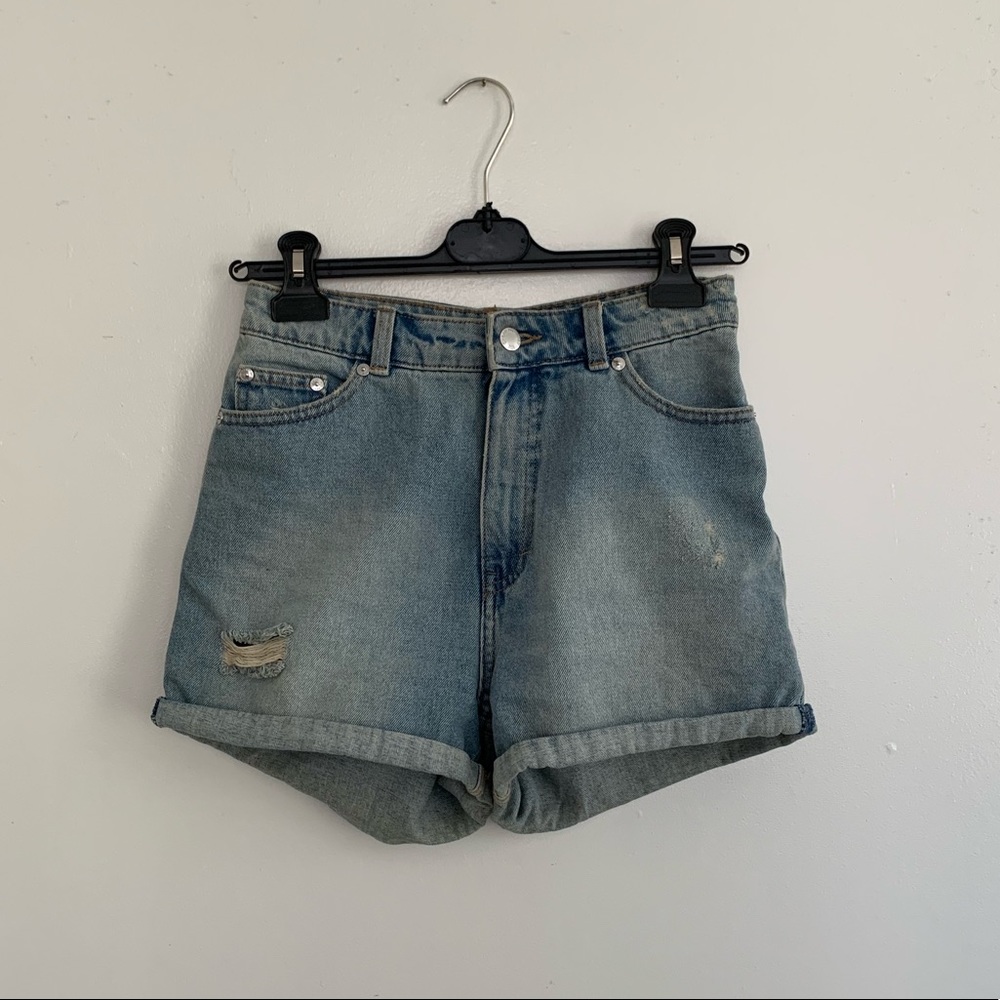 Cheap Monday distressed denim shorts, 25”